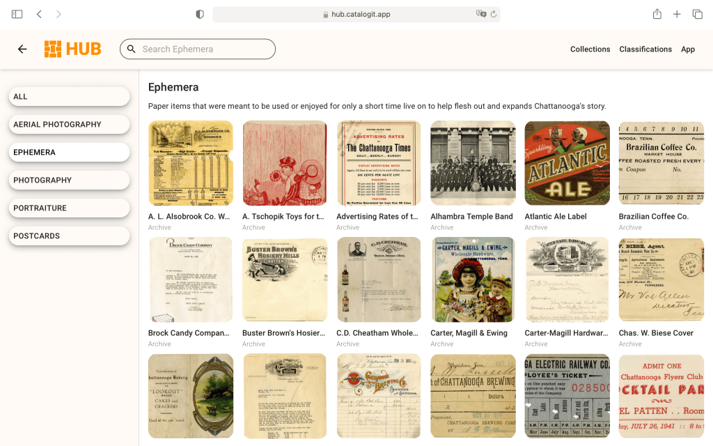 Here's an example of CatalogIt's online HUB virtual exhibit as used by the Chattanooga Historical Society.