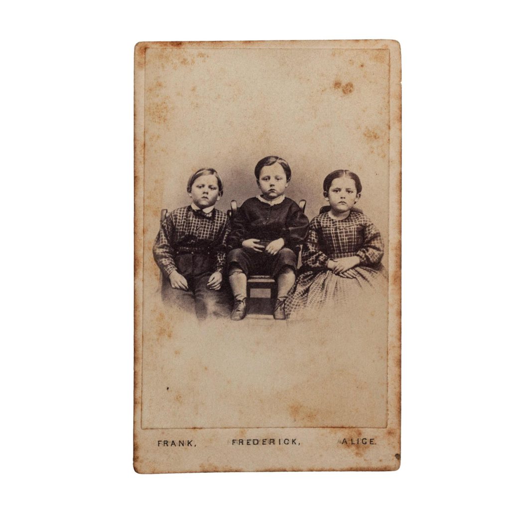 CDV Photograph of Frank, Frederick, and Alice, “The Children of the Battlefield” Carte-de-visite (CDV) photograph of Frank, Frederick, and Alice, the children of Amos Humiston of the 154th New York Infantry. Humiston was killed at the Battle of Gettysburg, but his identity was at first unknown. An original ambrotype of his three children – eventually copied to produce this CDV - was found clutched in his hand. The ambrotype came into the possession of Dr. J. Francis Bournes of Philadelphia, who traveled to Gettysburg to help tend to the wounded after the battle. Bournes vowed to identify the soldier and return his image to the family. Newspapers soon printed a description of the subjects in the hopes of someone could connect them to the fallen soldier. It worked. Bourne would later work with local photographers in Philadelphia to produce copies of the Humiston ambrotype for the benefit of a home for orphaned children of the battlefield in Gettysburg.