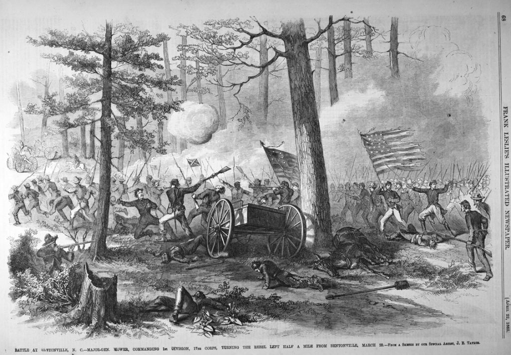Battle of Bentonville, North Carolina from Frank Leslie's Illustrated Newspaper dated April 22, 1865 via Wikimedia Commons. The 30th Illinois Infantry was part of the 3rd Division of the 17th Corps.