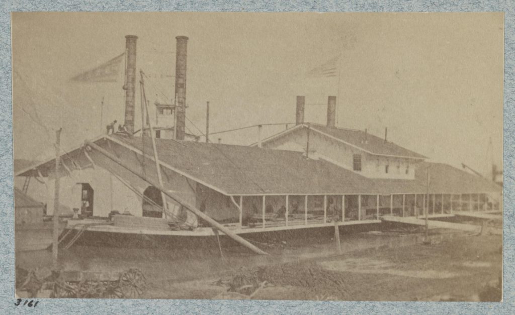 Wharf boat at Cairo, Illinois in 1864. David Poak and the 30th Illinois Infantry were stationed at Cairo early in the war.