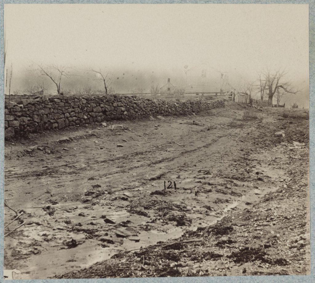 "The stone-wall" at foot of Marye's Heights held by Cobb's Brigade, C.S.A., Dec. 13, 1862 at the Battle of Fredericksburg.