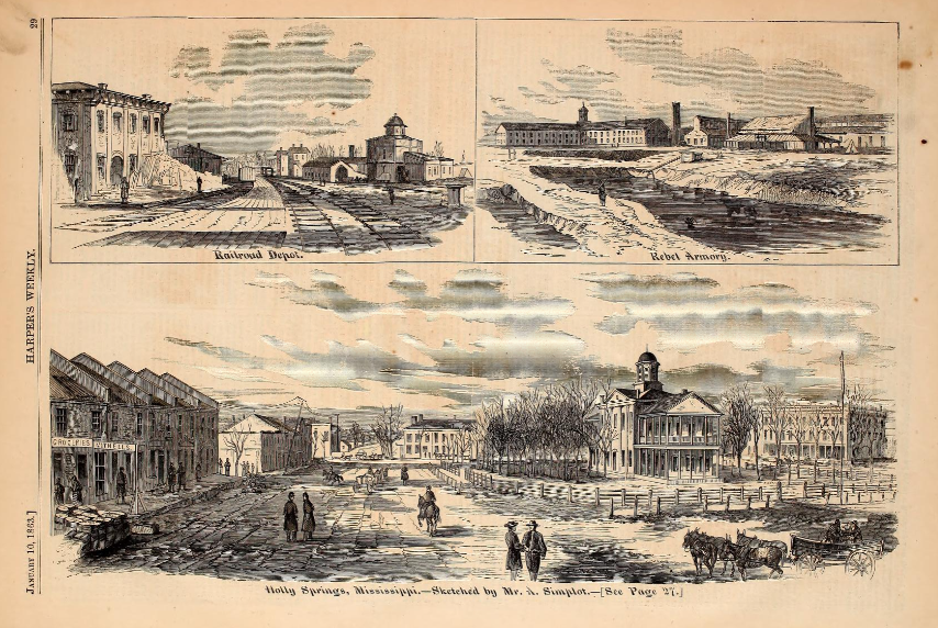 Illustration of Holly Springs, Mississippi from Harper’s Weekly issue dated January 10, 1863 via archive.org