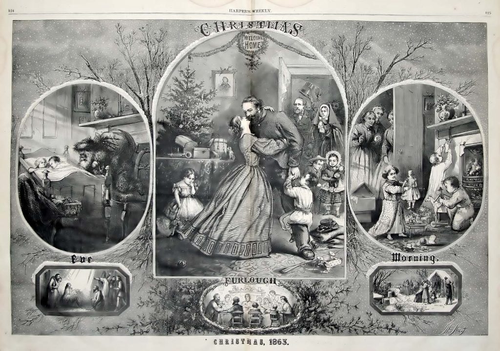 This Thomas Nast illustration published in the December 26, 1863 Harper's Weekly issue reflects the the Christmas holiday that many families longed for--a furlough to bring their loved ones home.