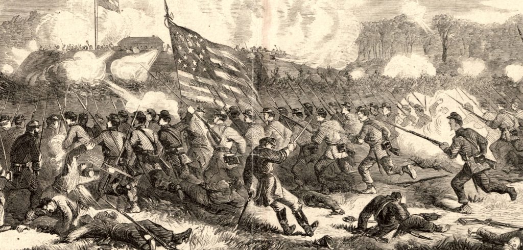 Illustration of the Battle of Secessionville showing a bayonet charge of Union troops. Originally appeared in Frank Leslie’s Illustrated Newspaper dated 12 July 1862 via Wikimedia Commons.