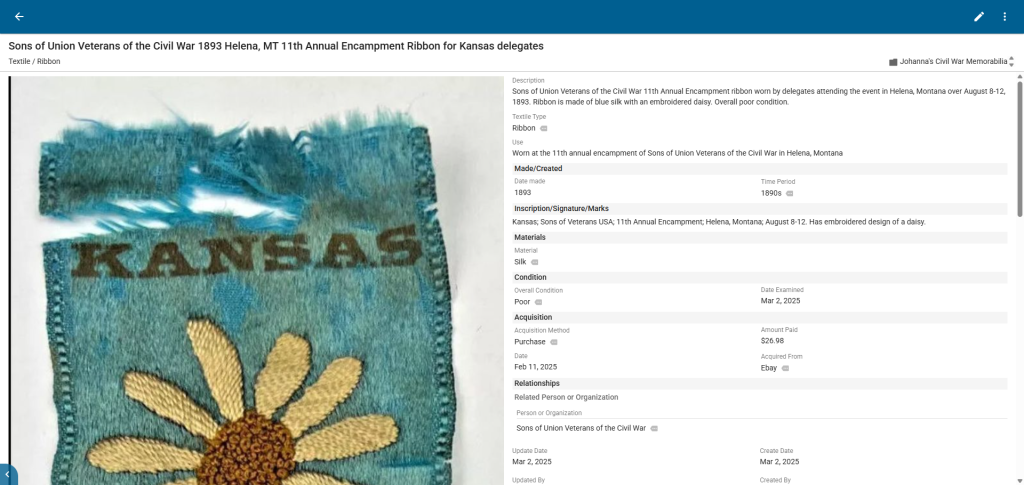 Here is a screenshot of a catalog record using CatalogIt software. Can you see the vast difference between this and Excel? Which one is better suited for supporting a well-documented collection?