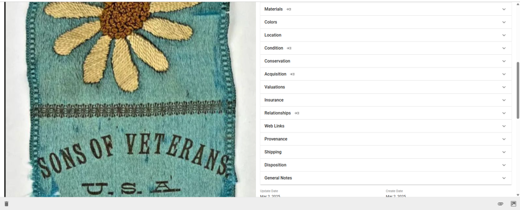 This is a screenshot showing just some of the categories available to input data for collection items using CatalogIt. Each of these expands with multiple fields of information available. They do not have to be filled out, but the more information the better.