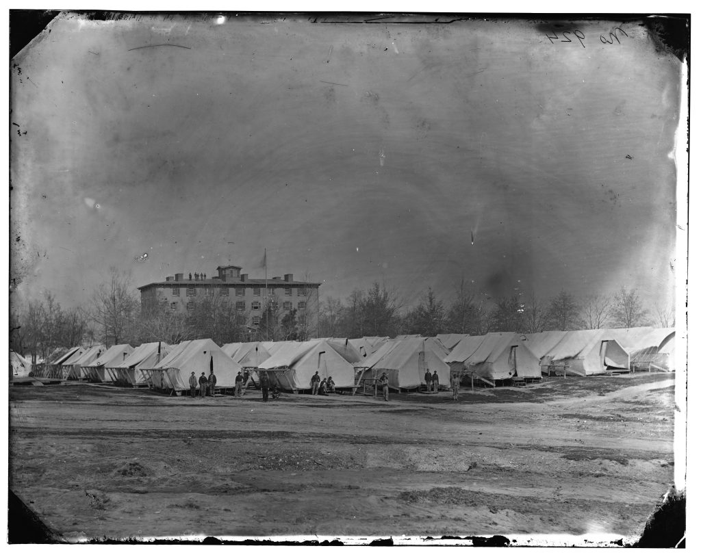 Image of Camp Carver with Columbian College in background. During the war Columbian College served as a hospital and Charles Hobbs wrote several letters while there.