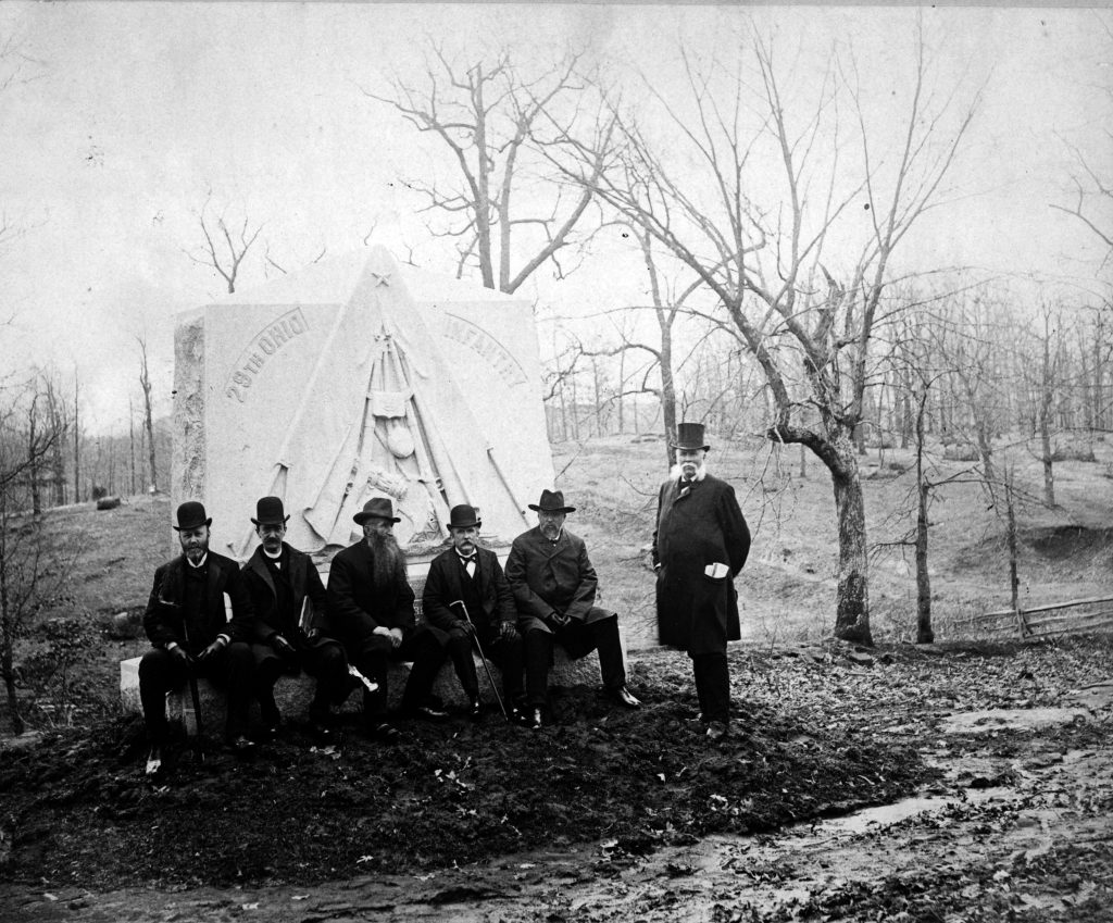 29th Ohio Infantry monument at Gettysburg with veterans. Photo taken in the 1880s.