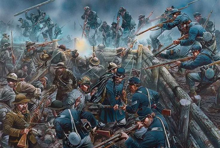 Depiction of the fierce hand-to-hand combat that the 17th Michigan Infantry engaged in during the Battle of Spotsylvania Courthouse in the Bloody Angle. Source: https://www.wearethemighty.com/mighty-history/bloody-angle-worst-fighting-civil-war/