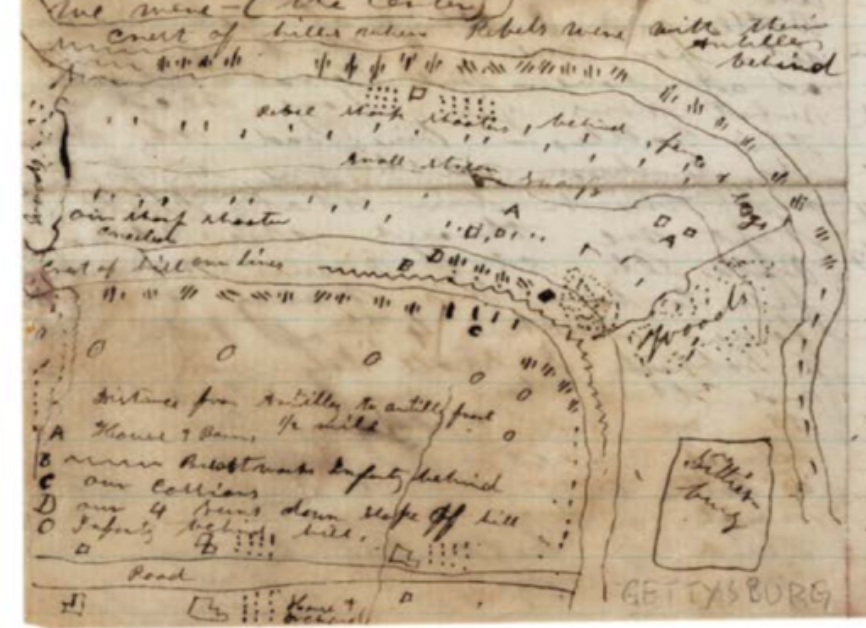 Map of the Gettysburg battlefield included in a letter by Elbert Corwin written on July 6, 1863.