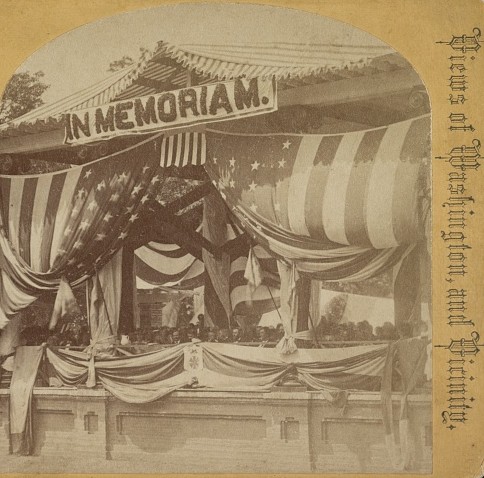 Detail of a stereograph showing President Ulysses S. Grant and General John Logan seated at the flag-draped Old Amphitheater, Arlington Cemetery, on Decoration Day, May 30, 1873.