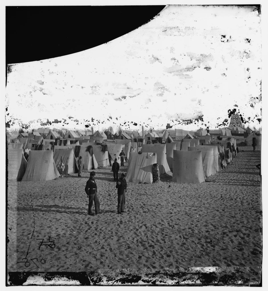Camp of the 100th New York Infantry on Morris Island, South Carolina.